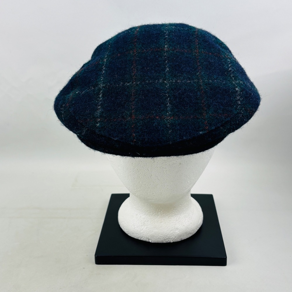 Vintage Harris Tweed Flat Cap Mens XL Blue Plaid Wool Ivy Newsboy Hat USA Made